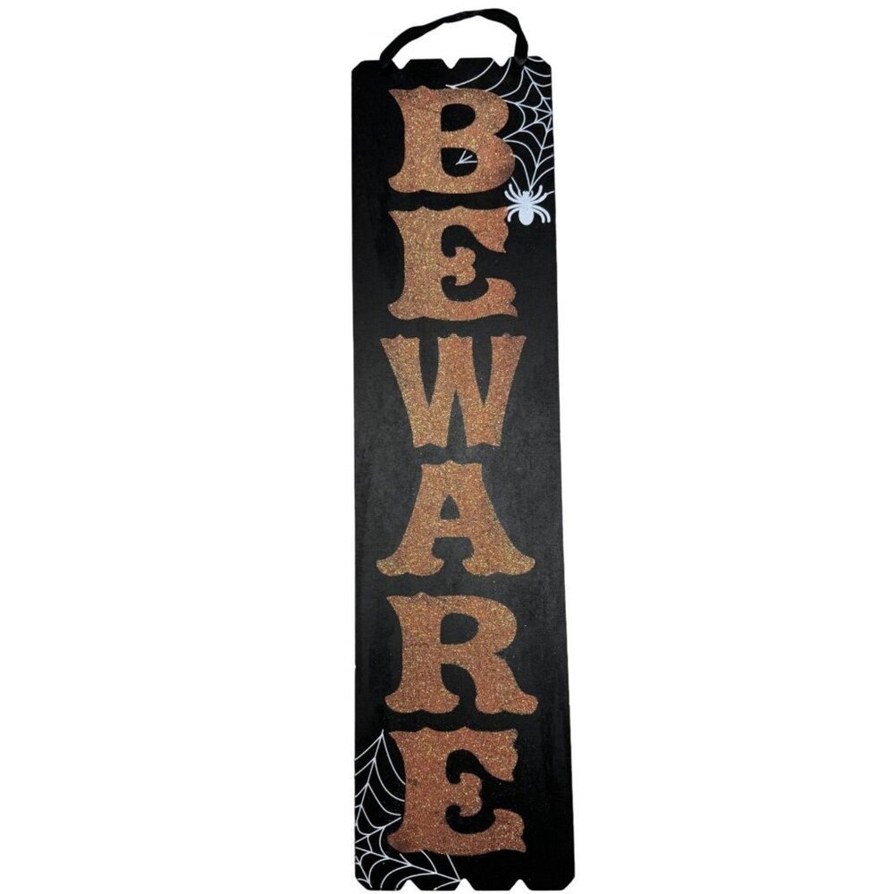 Halloween sign decoration beware spider orange black sparkle 23.5x6" READ